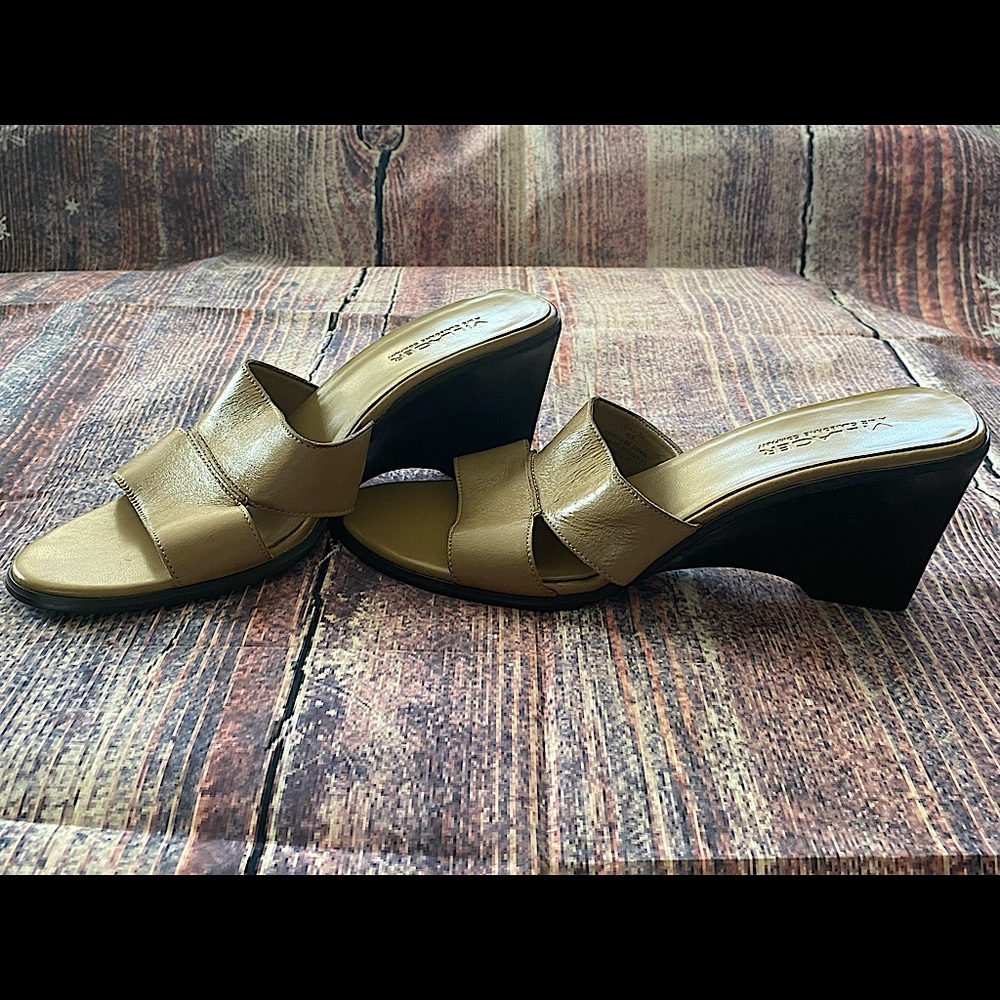 Tan wedge sandal by Villager, a Liz Claiborne Company.